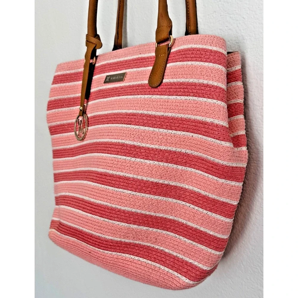 Amiani Pink Beach Bag Tote Zipper Closure Stripped Handbag‎ Gold Shimmer